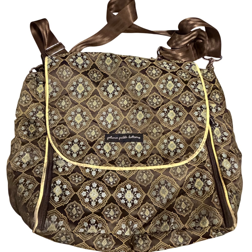 Petunia Pickle Bottom Baby Chic Diaper Bag Brown Gold Damask Brocade Messenger